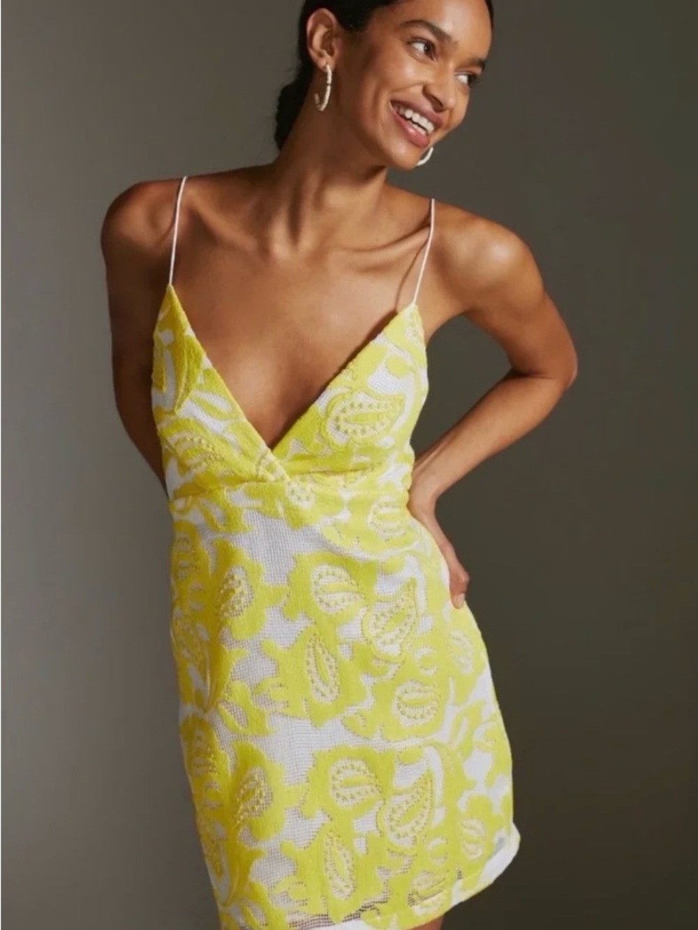 Maeve Yellow and White Lace Printed Strappy Mini Dress